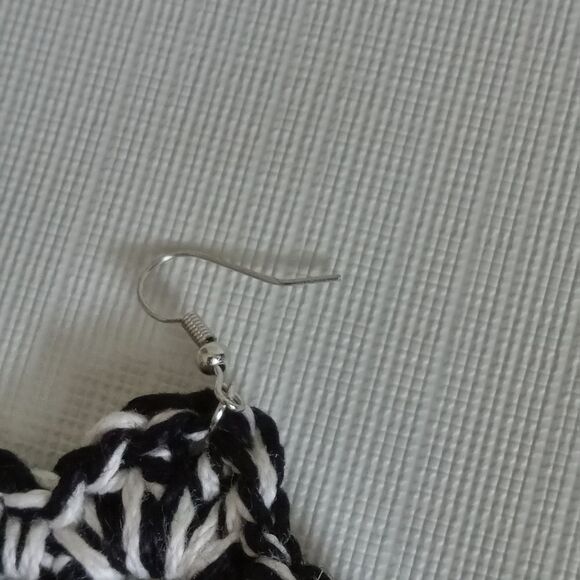 Handmade Black and White Cotton Thread Crochet Oversized Dangle Style Earrings - Picture 8 of 8